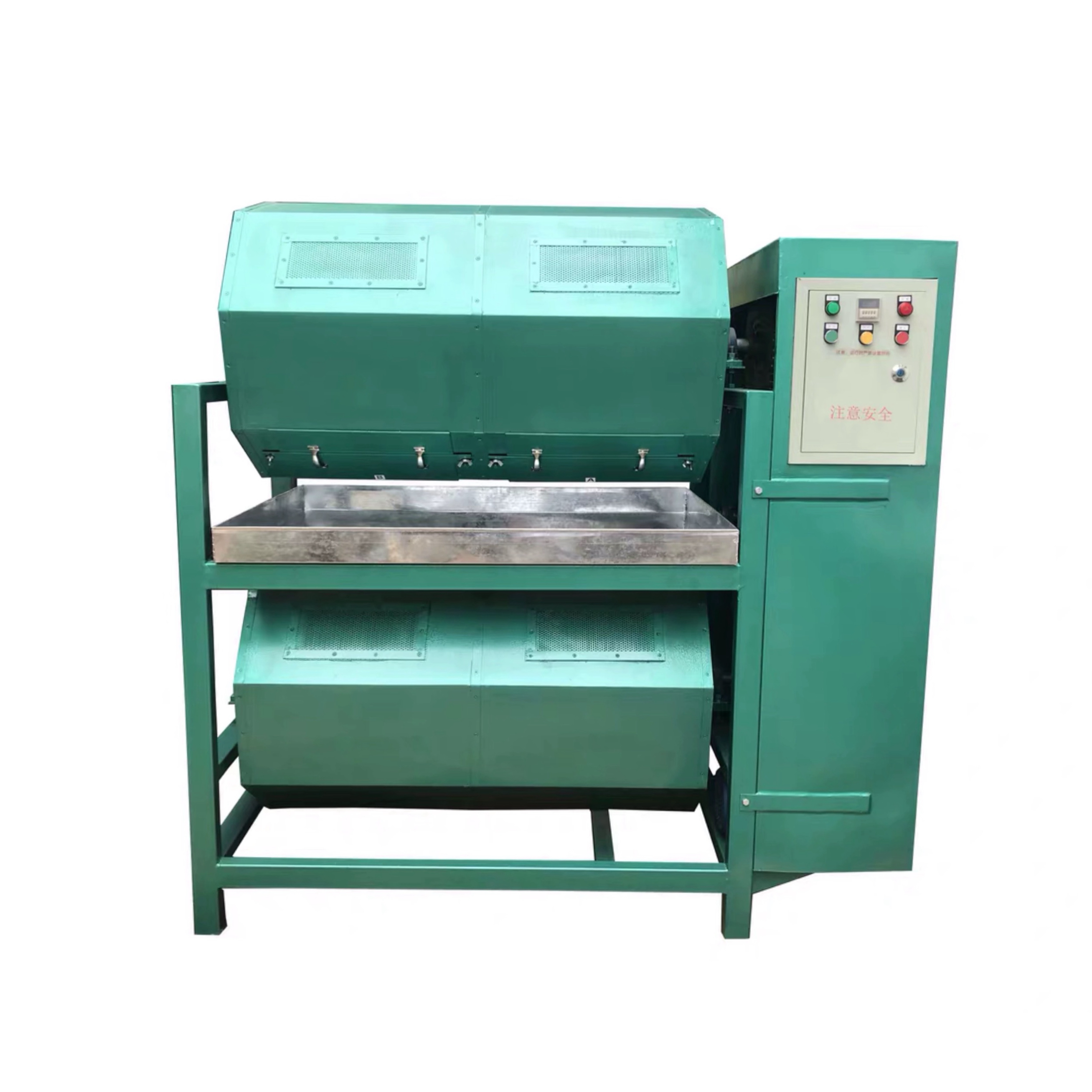 Industrial tumbling machine processing long metal parts safely